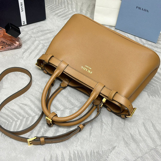 PRADA 25S BUCKLE MEDIUM HANDBAG 28 IN CARAMEL CALFSKIN GOLD HARDWARE