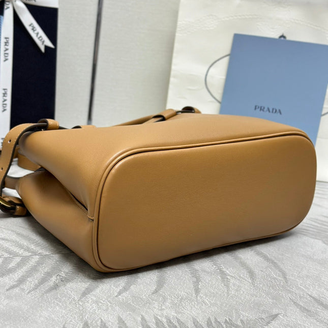 PRADA 25S BUCKLE MEDIUM HANDBAG 28 IN CARAMEL CALFSKIN GOLD HARDWARE