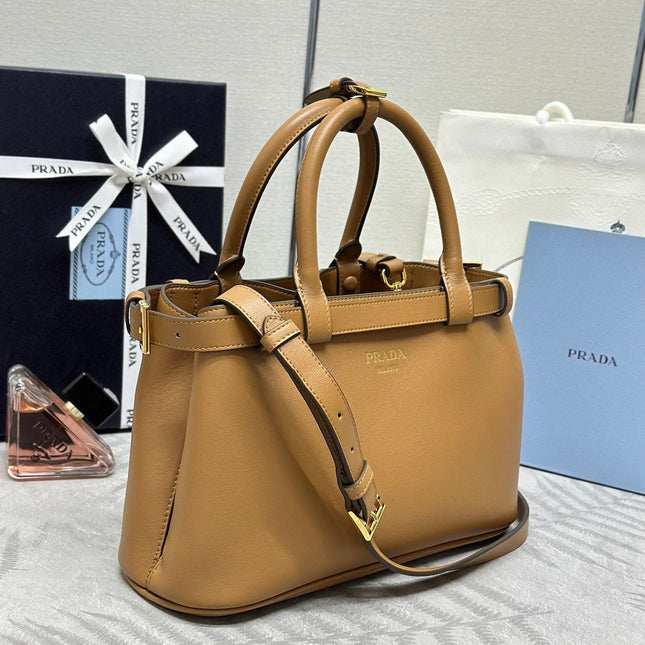 PRADA 25S BUCKLE MEDIUM HANDBAG 28 IN CARAMEL CALFSKIN GOLD HARDWARE