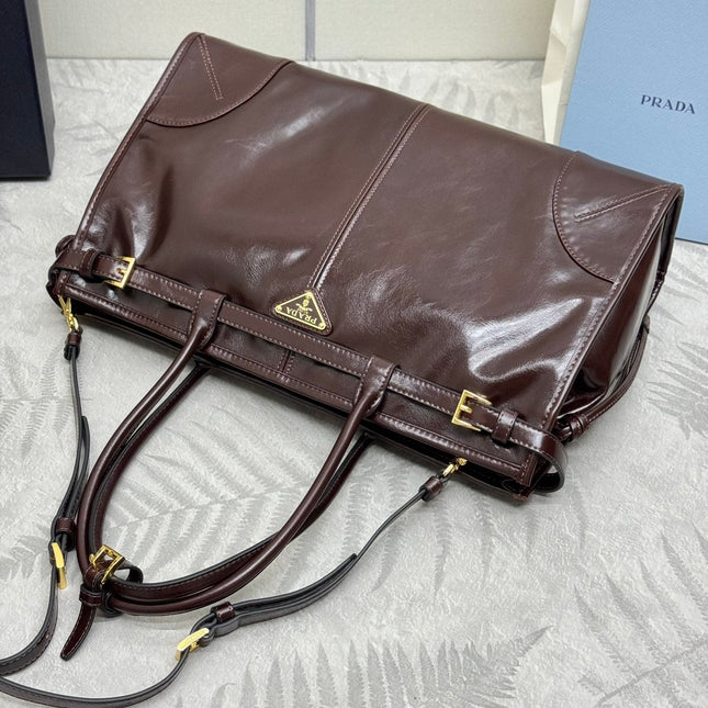 PRADA 25S BONNIE LARGE HANDBAG 38 IN DARK BROWN GLOSSY CALFSKIN GOLD HARDWARE