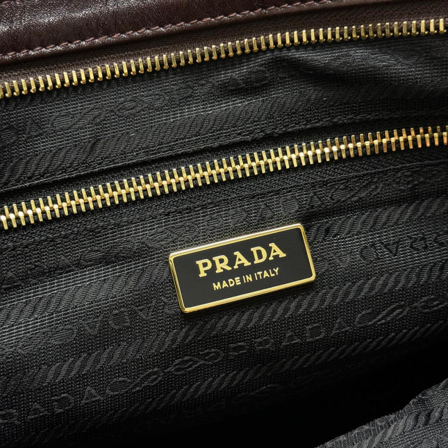 PRADA 25S BONNIE LARGE HANDBAG 38 IN DARK BROWN GLOSSY CALFSKIN GOLD HARDWARE