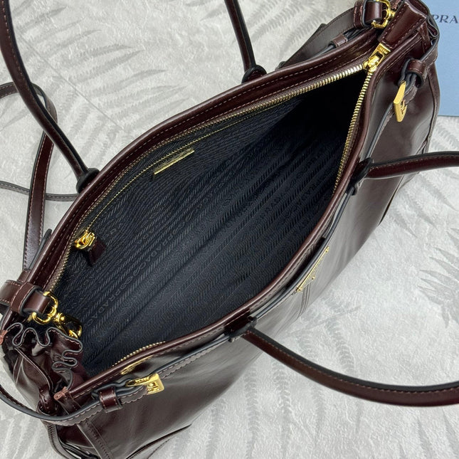 PRADA 25S BONNIE LARGE HANDBAG 38 IN DARK BROWN GLOSSY CALFSKIN GOLD HARDWARE