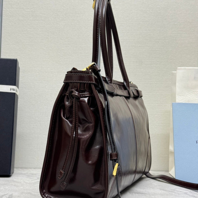 PRADA 25S BONNIE LARGE HANDBAG 38 IN DARK BROWN GLOSSY CALFSKIN GOLD HARDWARE