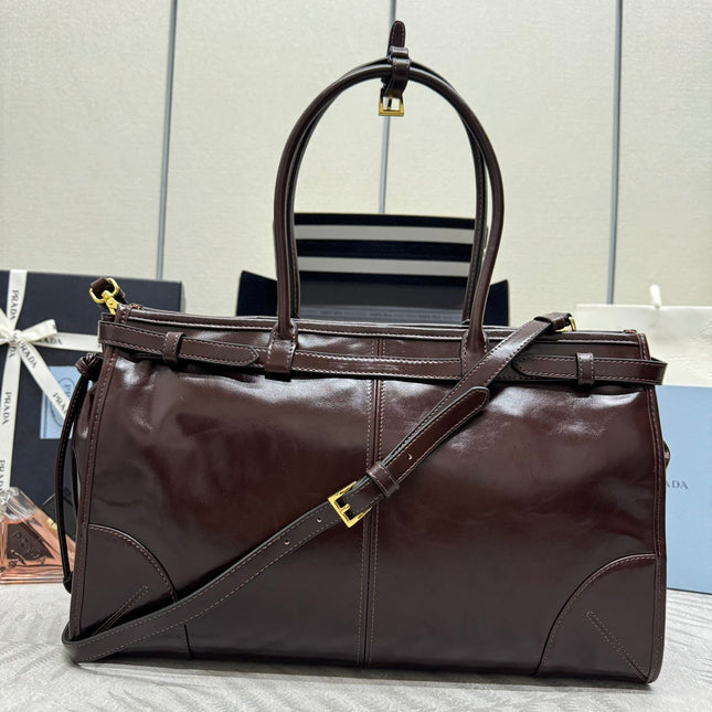 PRADA 25S BONNIE LARGE HANDBAG 38 IN DARK BROWN GLOSSY CALFSKIN GOLD HARDWARE