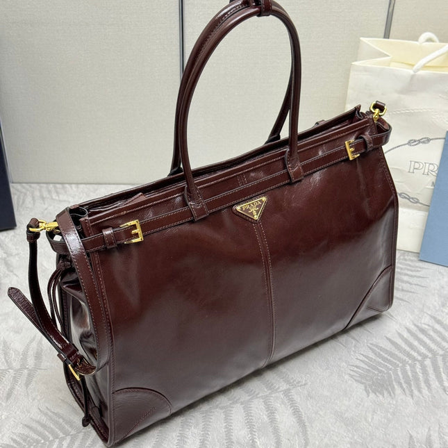 PRADA 25S BONNIE EXTRA-LARGE 42 IN DARK BROWN GLOSSY CALFSKIN GOLD HARDWARE