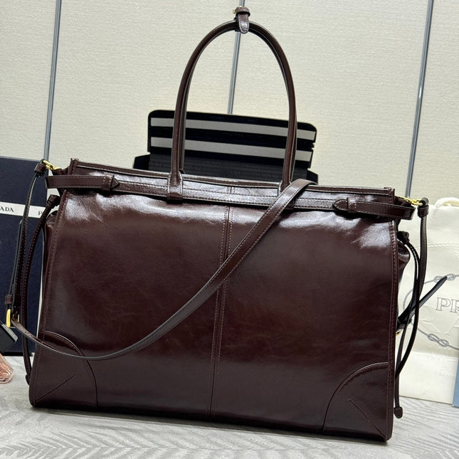 PRADA 25S BONNIE EXTRA-LARGE 42 IN DARK BROWN GLOSSY CALFSKIN GOLD HARDWARE