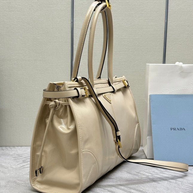 PRADA 25S BONNIE LARGE HANDBAG 38 IN BEIGE CALFSKIN GOLD HARDWARE