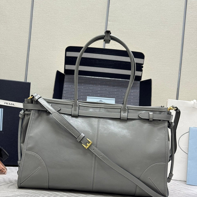 PRADA 25S BONNIE LARGE HANDBAG 38 IN GRAY GLOSSY CALFSKIN GOLD HARDWARE