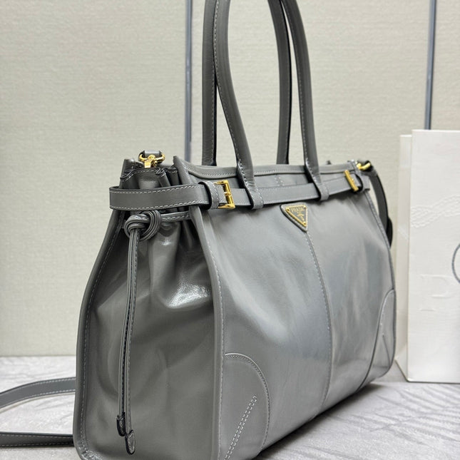 PRADA 25S BONNIE LARGE HANDBAG 38 IN GRAY GLOSSY CALFSKIN GOLD HARDWARE
