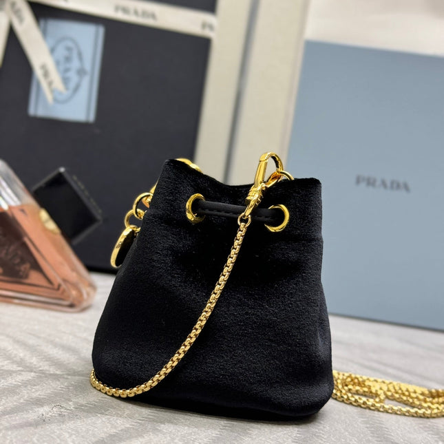 PRADA 25S MINI POUCH 12 IN BLACK VELVET GOLD HARDWARE