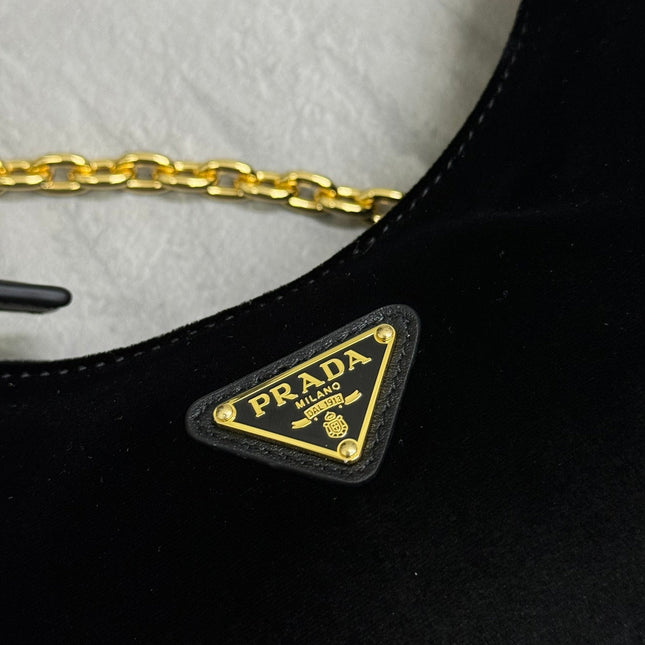 PRADA 25S MINI HOBO BAG 23 IN BLACK VELVET GOLD HARDWARE