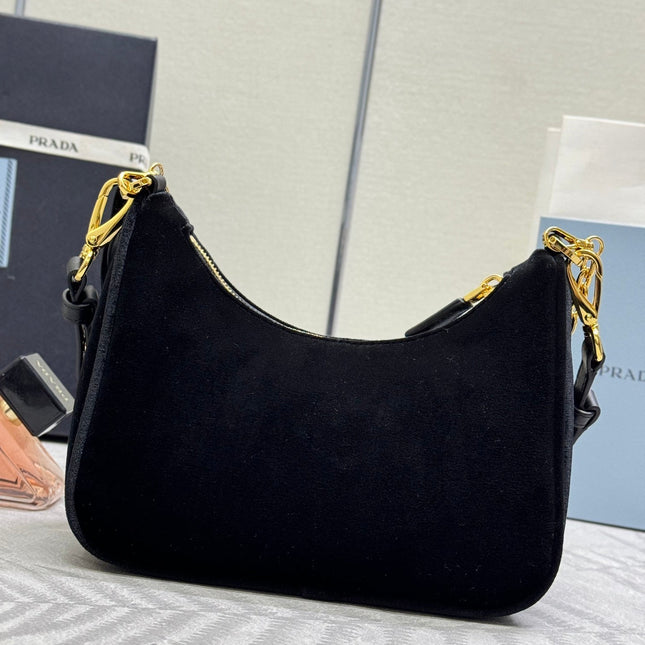 PRADA 25S MINI HOBO BAG 23 IN BLACK VELVET GOLD HARDWARE