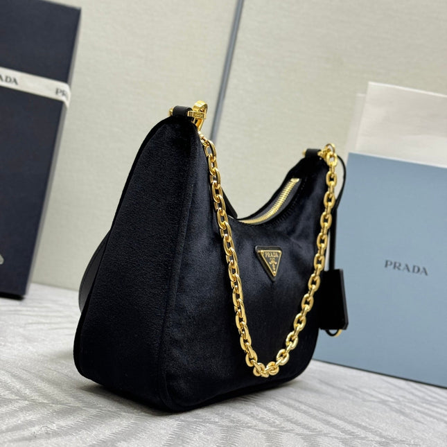 PRADA 25S MINI HOBO BAG 23 IN BLACK VELVET GOLD HARDWARE