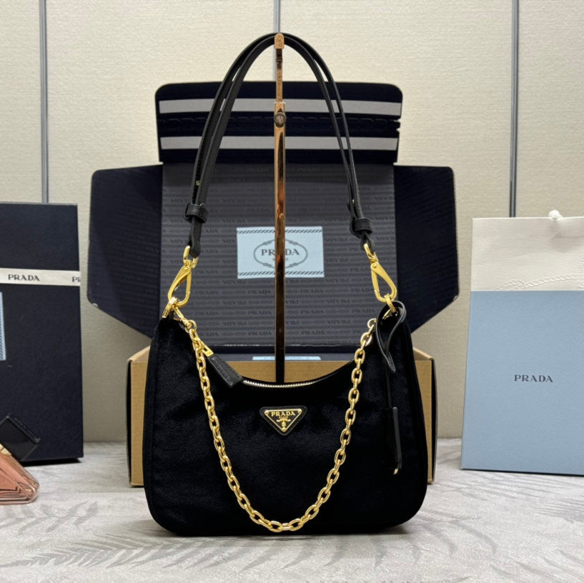 PRADA 25S MINI HOBO BAG 23 IN BLACK VELVET GOLD HARDWARE