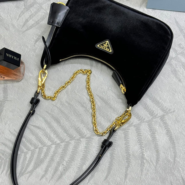 PRADA 25S MINI HOBO BAG 23 IN BLACK VELVET GOLD HARDWARE