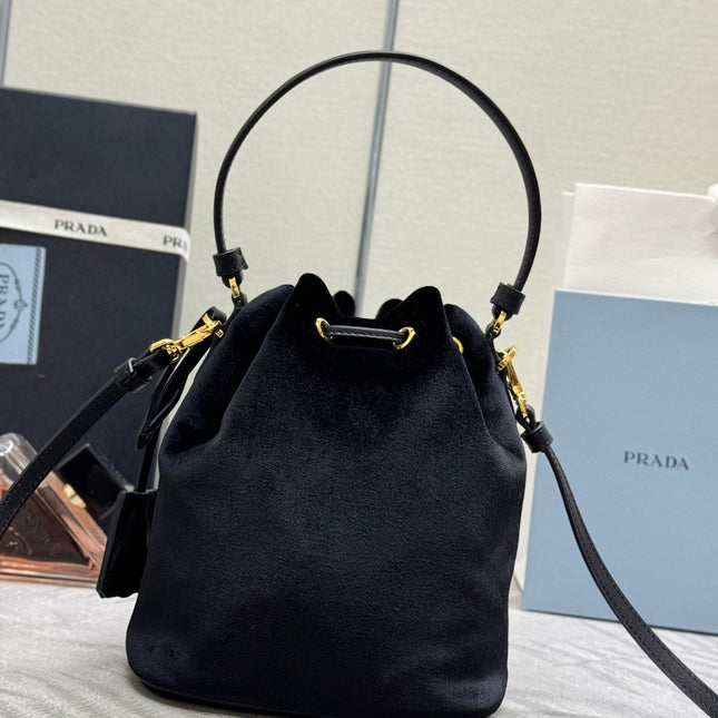 PRADA 25S BUCKET BAG 19 IN BLACK VELVET GOLD HARDWARE