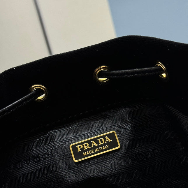 PRADA 25S BUCKET BAG 19 IN BLACK VELVET GOLD HARDWARE