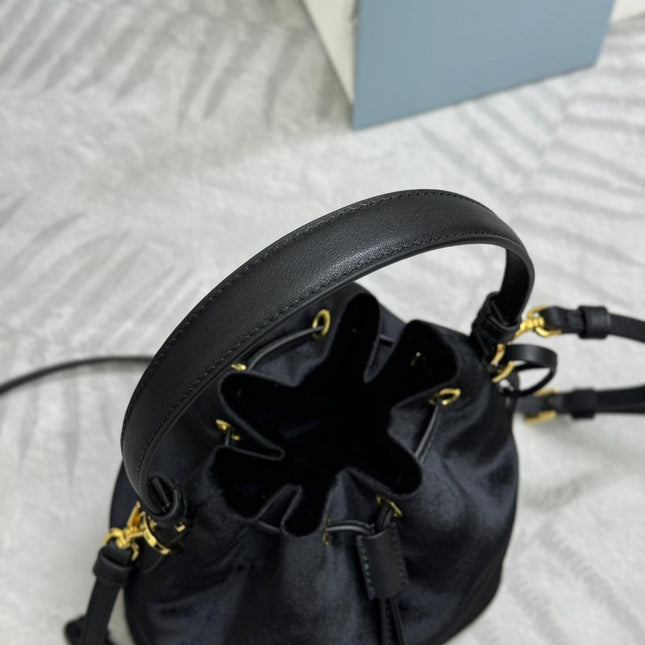 PRADA 25S BUCKET BAG 19 IN BLACK VELVET GOLD HARDWARE