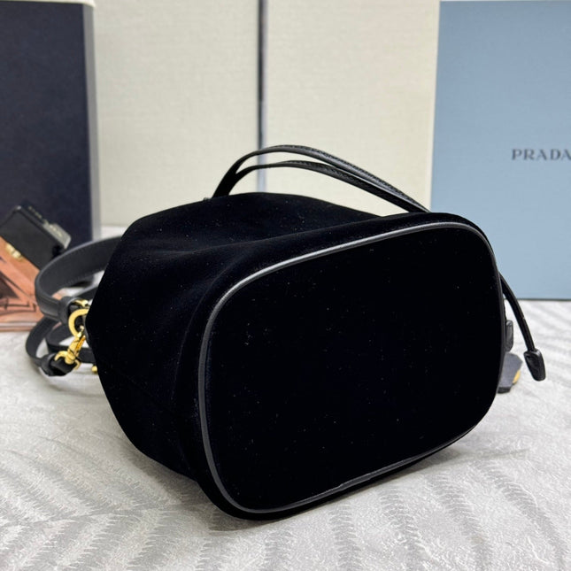 PRADA 25S BUCKET BAG 19 IN BLACK VELVET GOLD HARDWARE