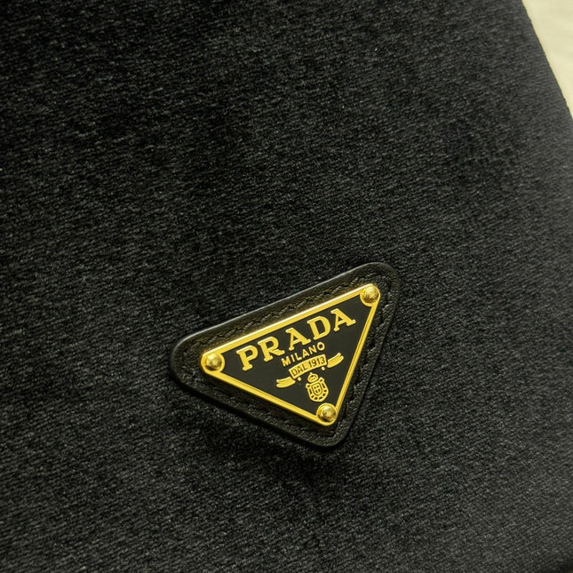 PRADA 25S BUCKET BAG 19 IN BLACK VELVET GOLD HARDWARE