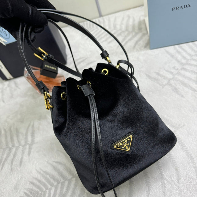 PRADA 25S BUCKET BAG 19 IN BLACK VELVET GOLD HARDWARE