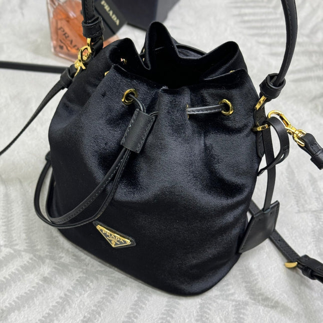 PRADA 25S BUCKET BAG 19 IN BLACK VELVET GOLD HARDWARE
