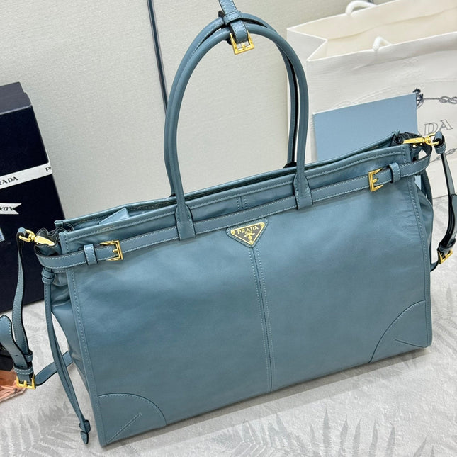 PRADA 25S LUX SOFT BAG 42 IN BLUE GLOSSY CALFSKIN GOLD HARDWARE
