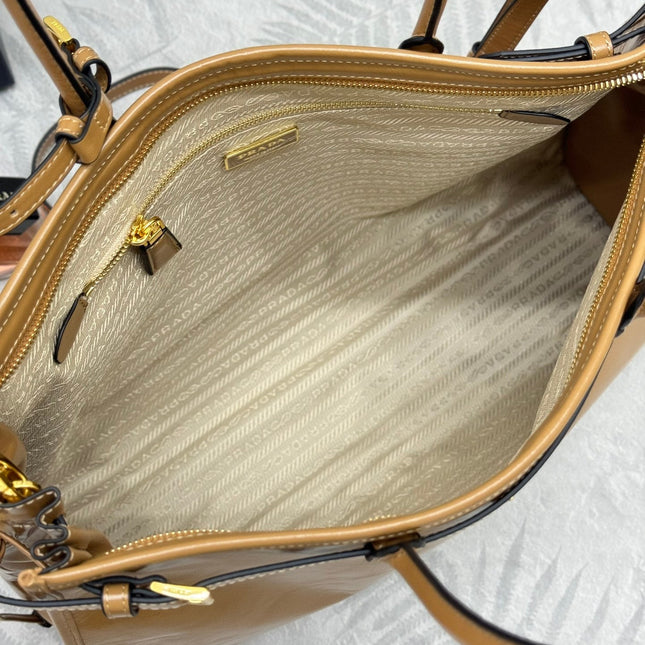 PRADA 25S LUX SOFT BAG 42 IN CARAMEL GLOSSY CALFSKIN GOLD HARDWARE