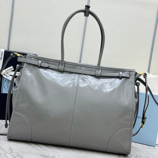 PRADA 25S LUX SOFT BAG 42 IN GRAY GLOSSY CALFSKIN GOLD HARDWARE