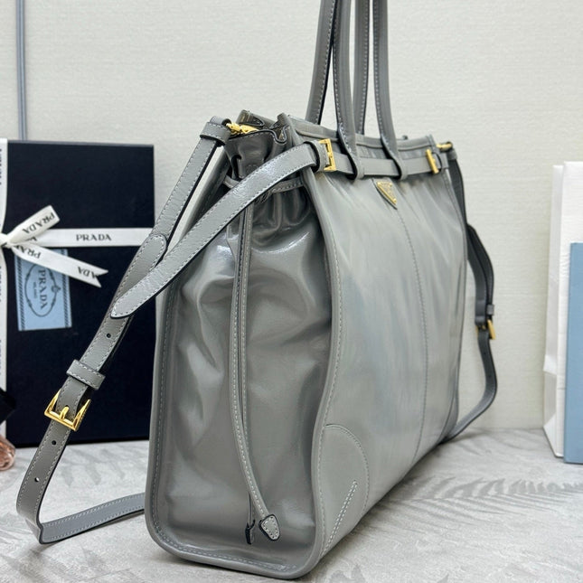 PRADA 25S LUX SOFT BAG 42 IN GRAY GLOSSY CALFSKIN GOLD HARDWARE
