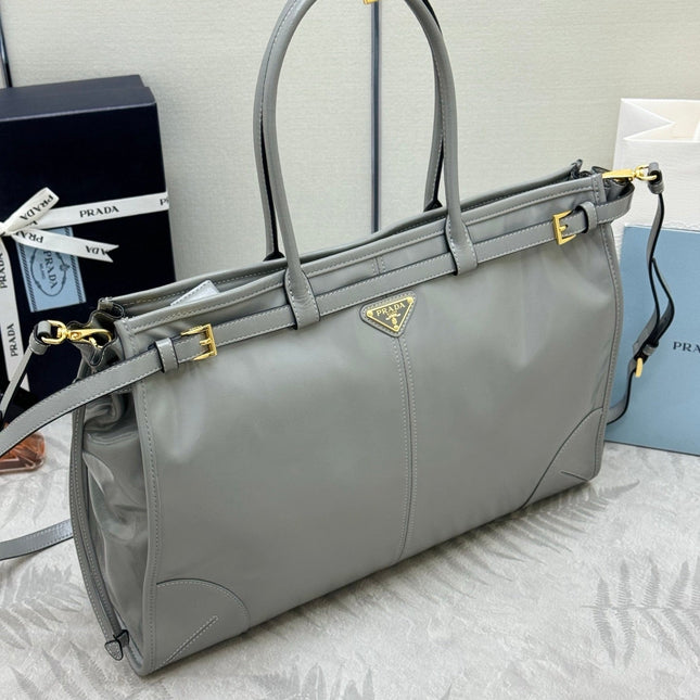 PRADA 25S LUX SOFT BAG 42 IN GRAY GLOSSY CALFSKIN GOLD HARDWARE