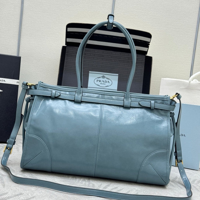 PRADA 25S BONNIE LARGE HANDBAG 38 IN LIGHT BLUE GLOSSY CALFSKIN GOLD HARDWARE