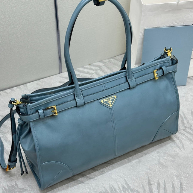 PRADA 25S BONNIE LARGE HANDBAG 38 IN LIGHT BLUE GLOSSY CALFSKIN GOLD HARDWARE