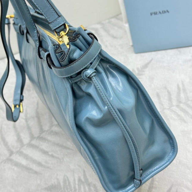 PRADA 25S BONNIE LARGE HANDBAG 38 IN LIGHT BLUE GLOSSY CALFSKIN GOLD HARDWARE