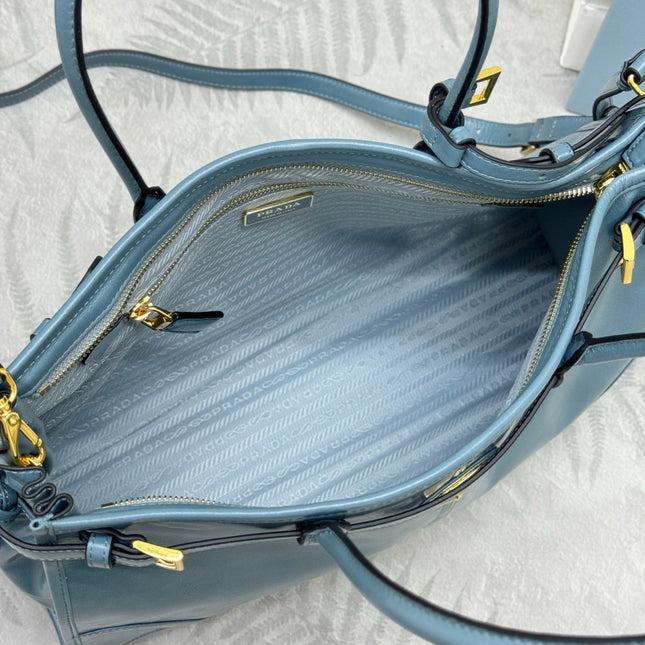 PRADA 25S BONNIE LARGE HANDBAG 38 IN LIGHT BLUE GLOSSY CALFSKIN GOLD HARDWARE