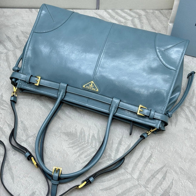 PRADA 25S BONNIE LARGE HANDBAG 38 IN LIGHT BLUE GLOSSY CALFSKIN GOLD HARDWARE