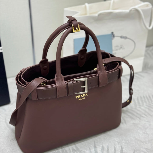 PRADA 25S BUCKLE SMALL HANDBAG 32 IN RICH BROWN CALFSKIN GOLD HARDWARE