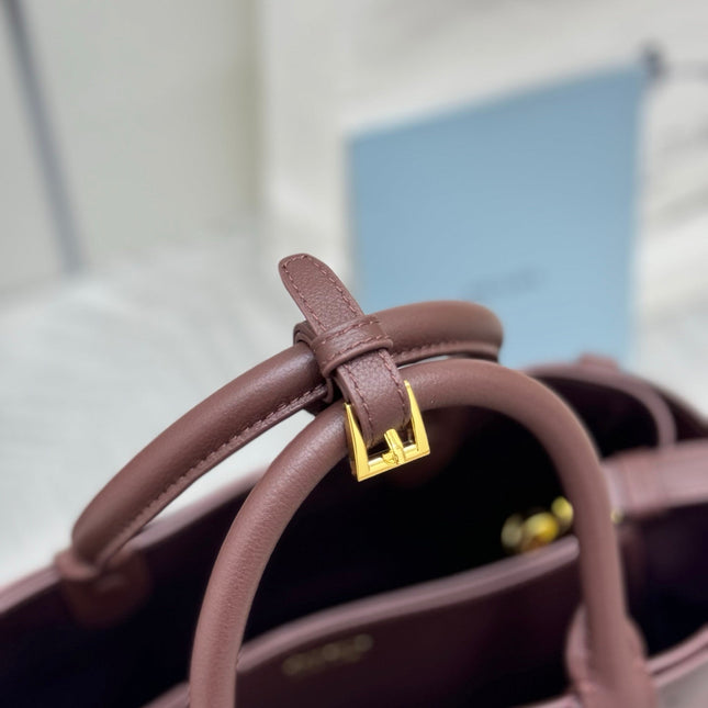 PRADA 25S BUCKLE SMALL HANDBAG 32 IN RICH BROWN CALFSKIN GOLD HARDWARE