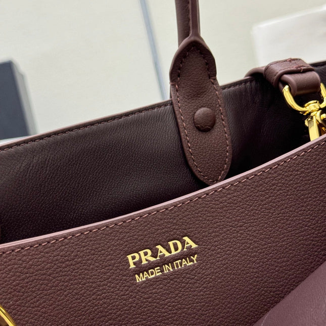 PRADA 25S BUCKLE SMALL HANDBAG 32 IN RICH BROWN CALFSKIN GOLD HARDWARE