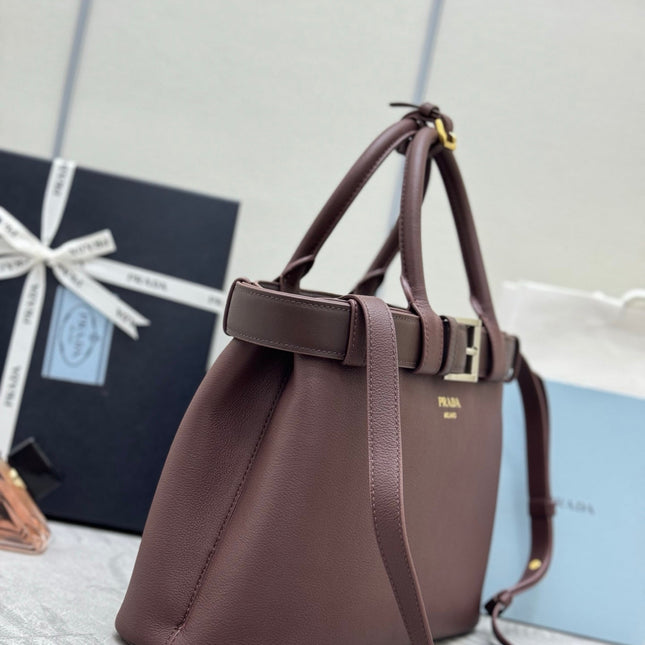PRADA 25S BUCKLE SMALL HANDBAG 32 IN RICH BROWN CALFSKIN GOLD HARDWARE