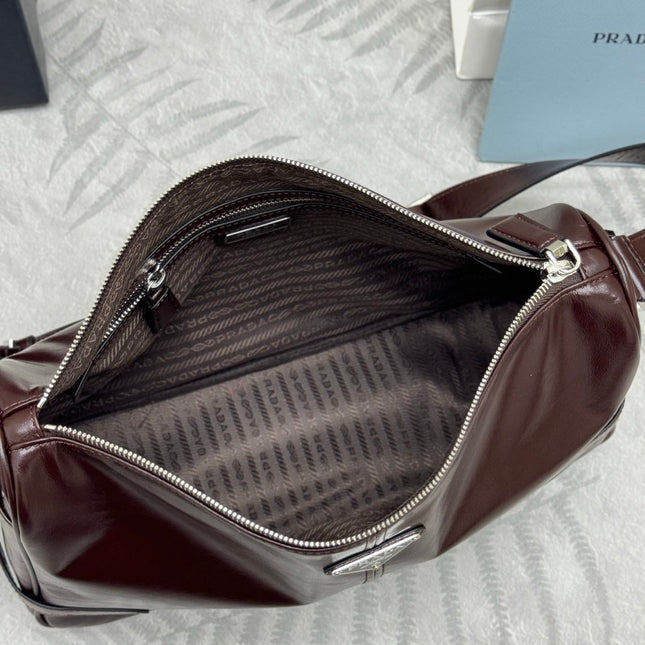 PRADA 25S SHOULDER BAG 35 IN DARK BROWN CALFSKIN SILVER HARDWARE