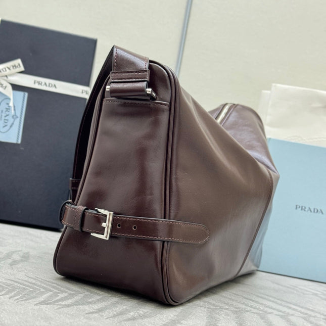 PRADA 25S SHOULDER BAG 35 IN DARK BROWN CALFSKIN SILVER HARDWARE