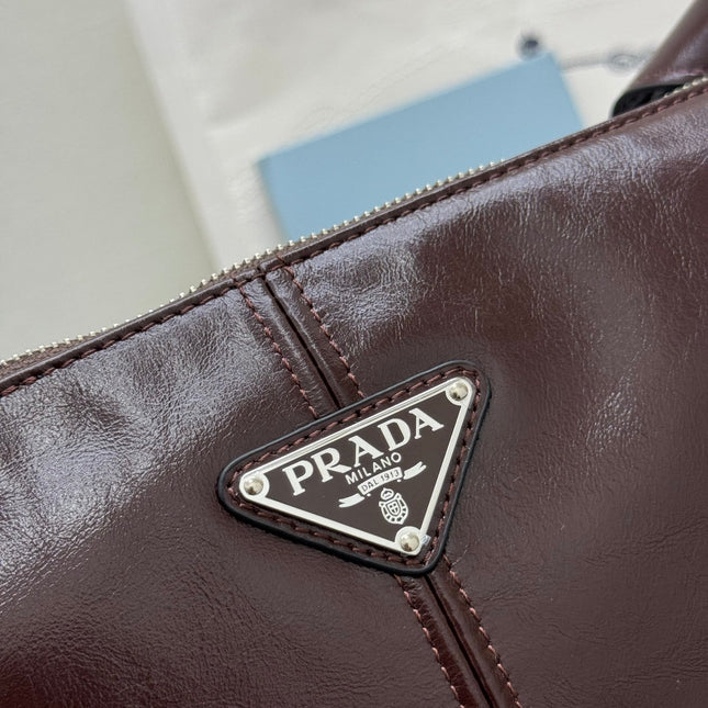 PRADA 25S SHOULDER BAG 35 IN DARK BROWN CALFSKIN SILVER HARDWARE