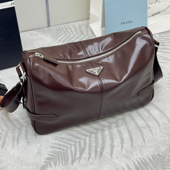 PRADA 25S SHOULDER BAG 35 IN DARK BROWN CALFSKIN SILVER HARDWARE