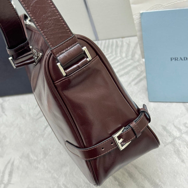 PRADA 25S SHOULDER BAG 35 IN DARK BROWN CALFSKIN SILVER HARDWARE