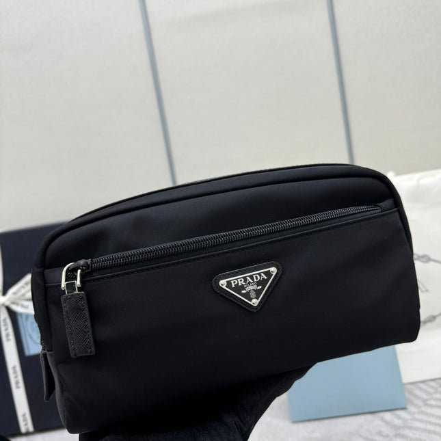 PRADA 25S MEDIUM CLUTCH BAG 26 IN BLACK NYLON SILVER HARDWARE
