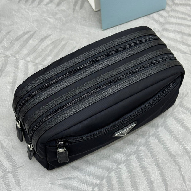 PRADA 25S MEDIUM CLUTCH BAG 26 IN BLACK NYLON SILVER HARDWARE