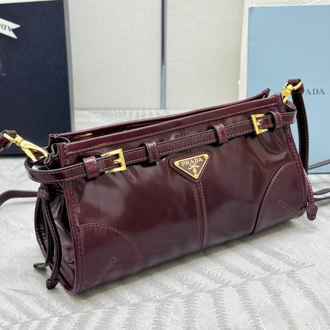 PRADA 25S BONNIE SMALL SHOULDER BAG 26 IN BURGUNDY GLOSSY CALFSKIN GOLD HARDWARE