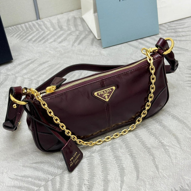 PRADA 25S RE-EDITION 2002 MEDIUM SHOULDER BAG 26 IN BURGUNDY CALFSKIN GOLD HARDWARE