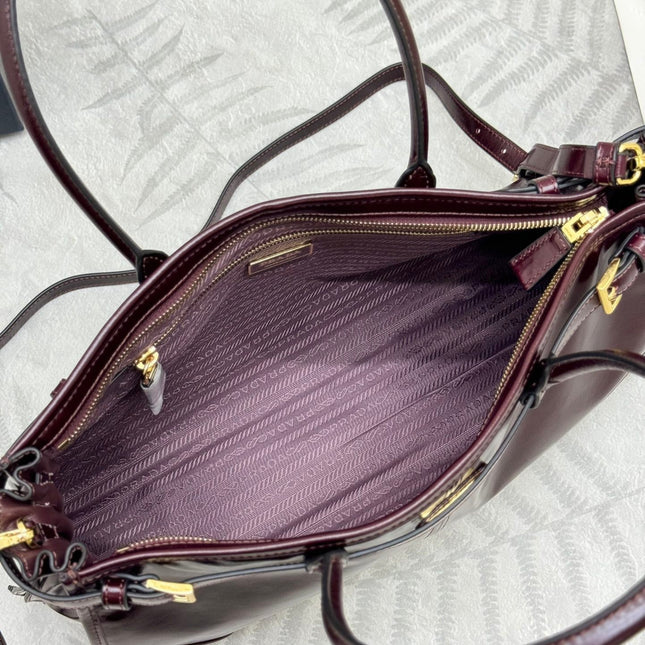 PRADA 25S BONNIE LARGE HANDBAG 38 IN BURGUNDY GLOSSY CALFSKIN GOLD HARDWARE